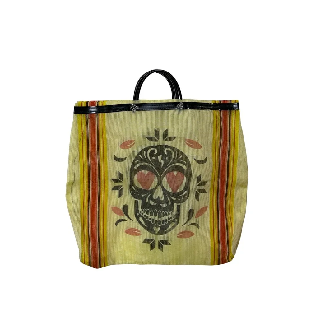 Dia de los Muertos Yellow Skull Mesh Market Tote Bag, OS